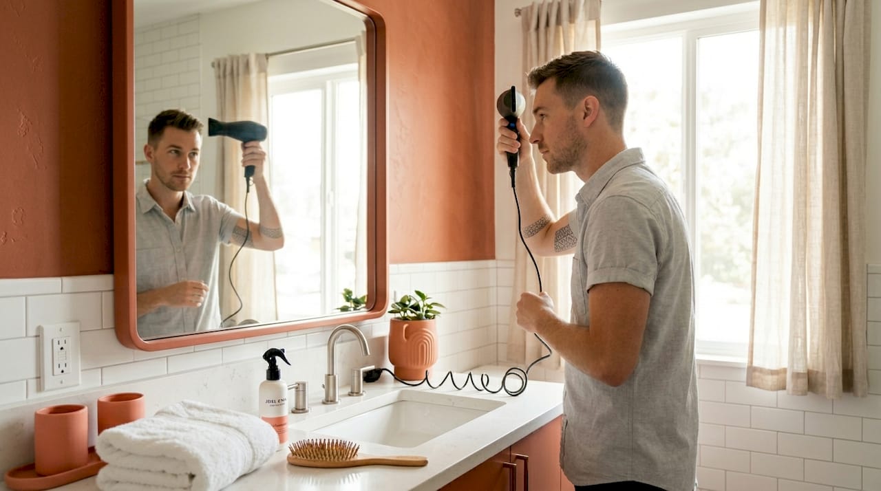 Man using hair dryer in small bathroom