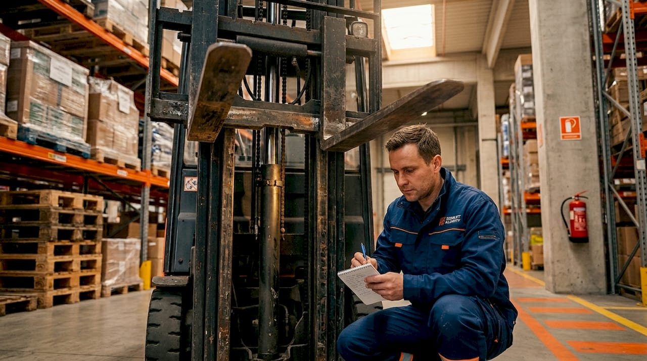 Technician checking forklift mast and forks