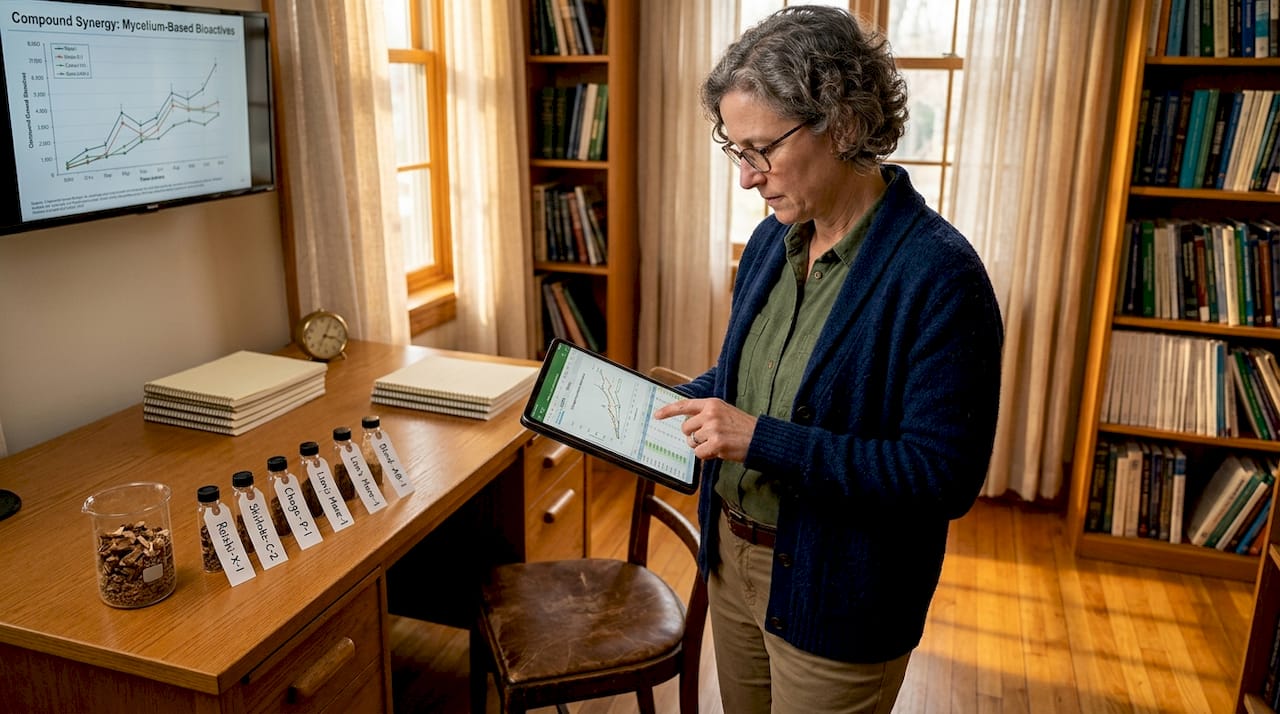 Researcher analyzes mushroom compound data in lab