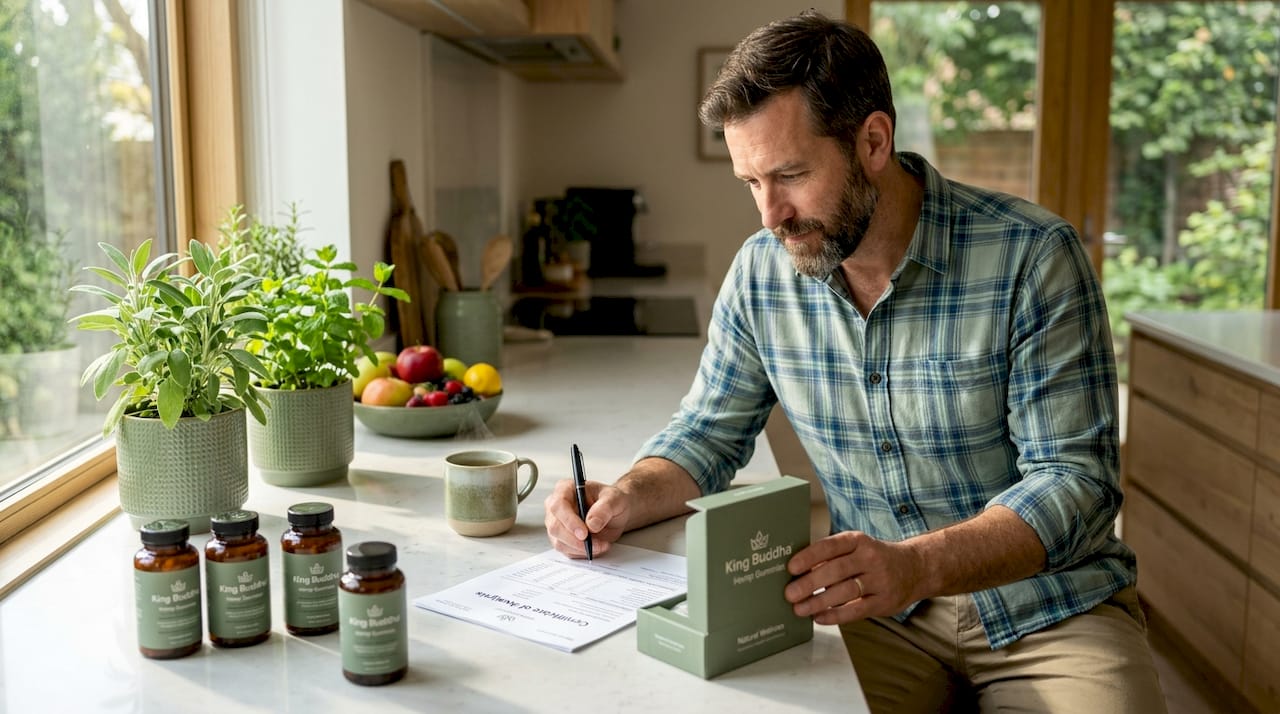 Man inspecting hemp product compliance at kitchen table