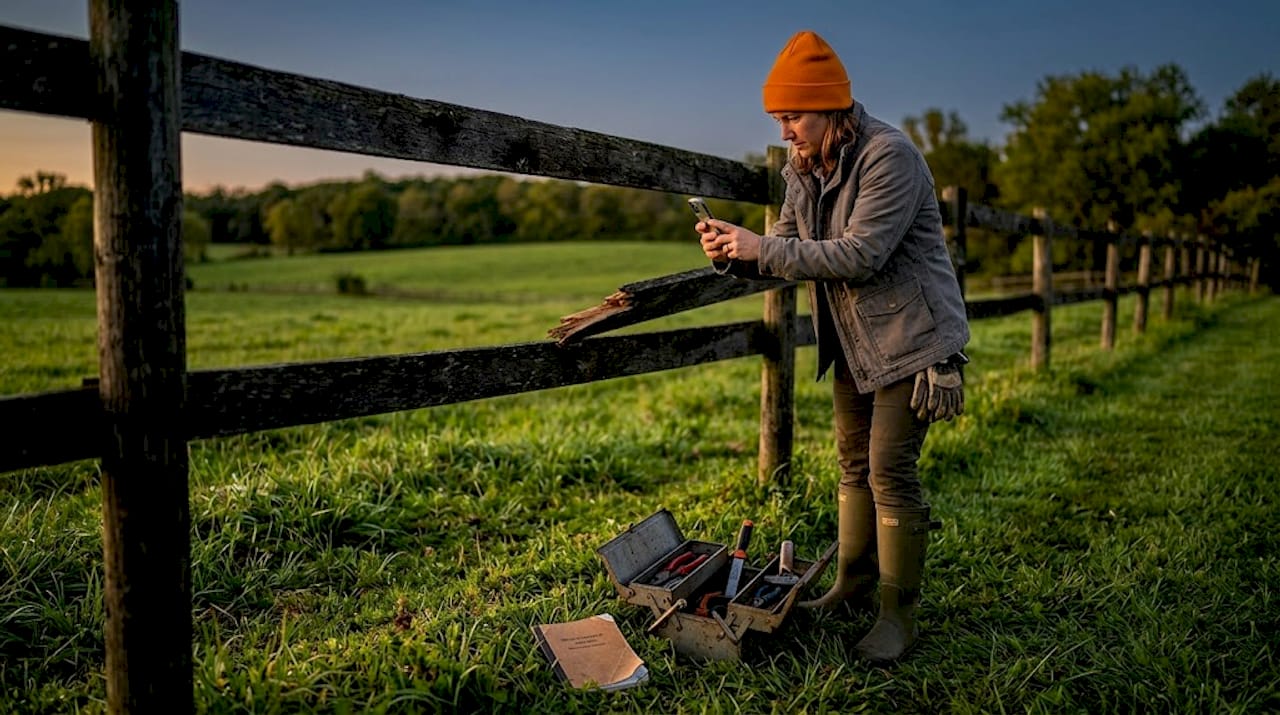 Farmer documenting fence condition with smartphone