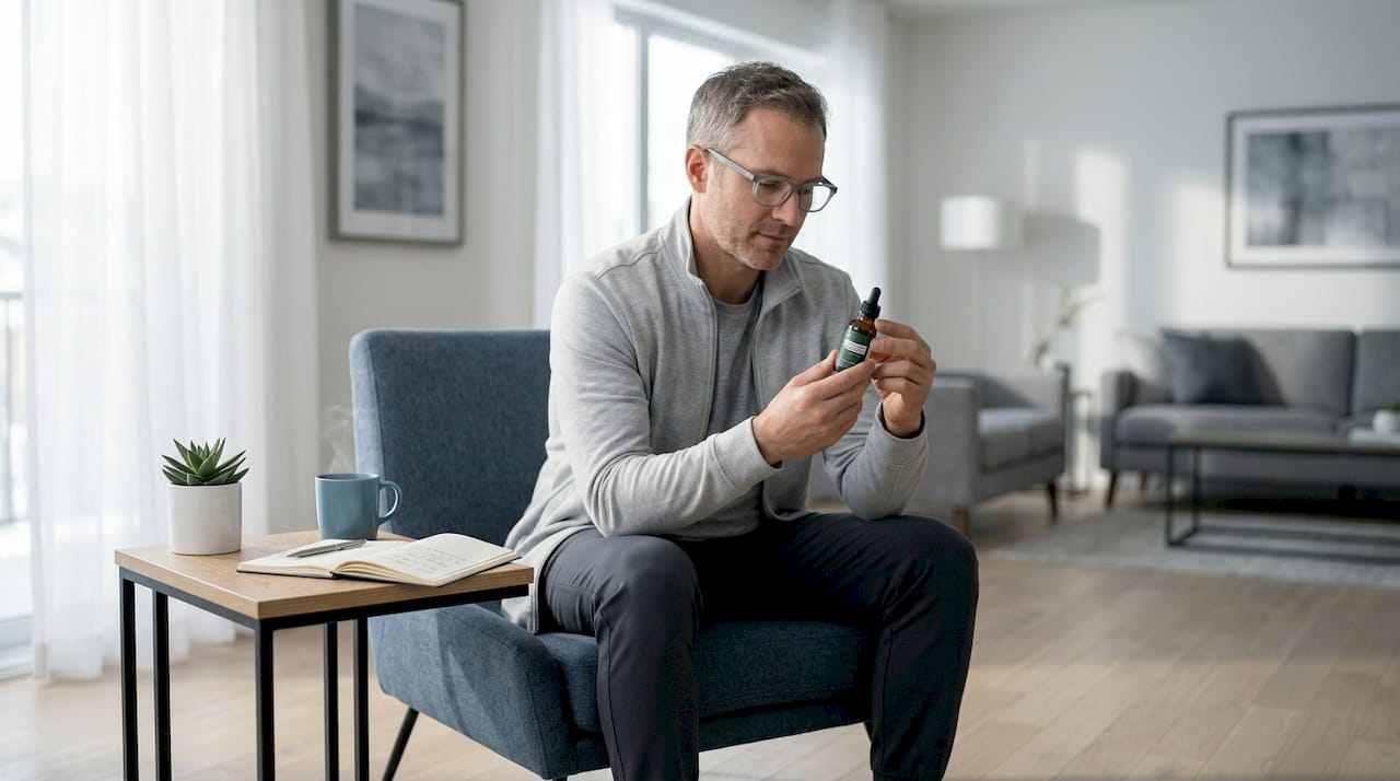 Man reading cannabis tincture label at home