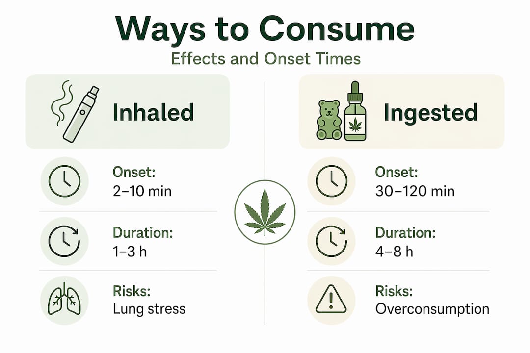 Infographic comparing cannabis inhaled versus ingested methods