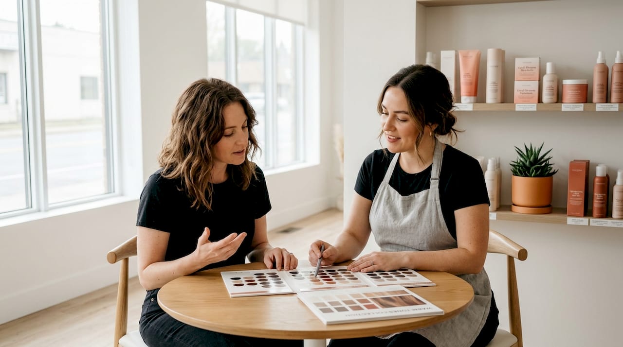 Hairstylist consulting with client on hair color