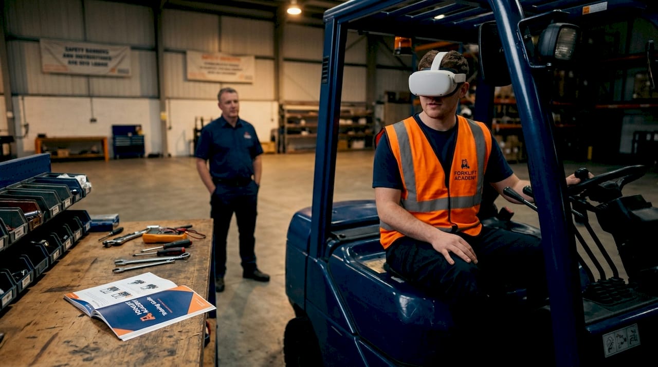 Worker on forklift using VR headset during training