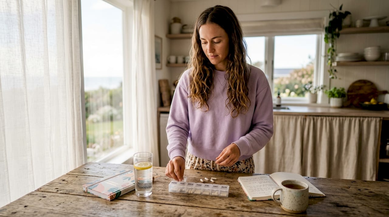 Woman sorting mushroom capsules in kitchen