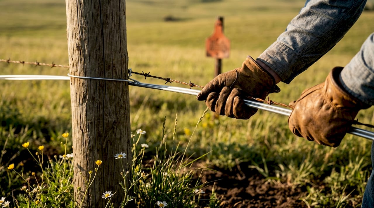 Close-up of smooth and barbed wire fencing