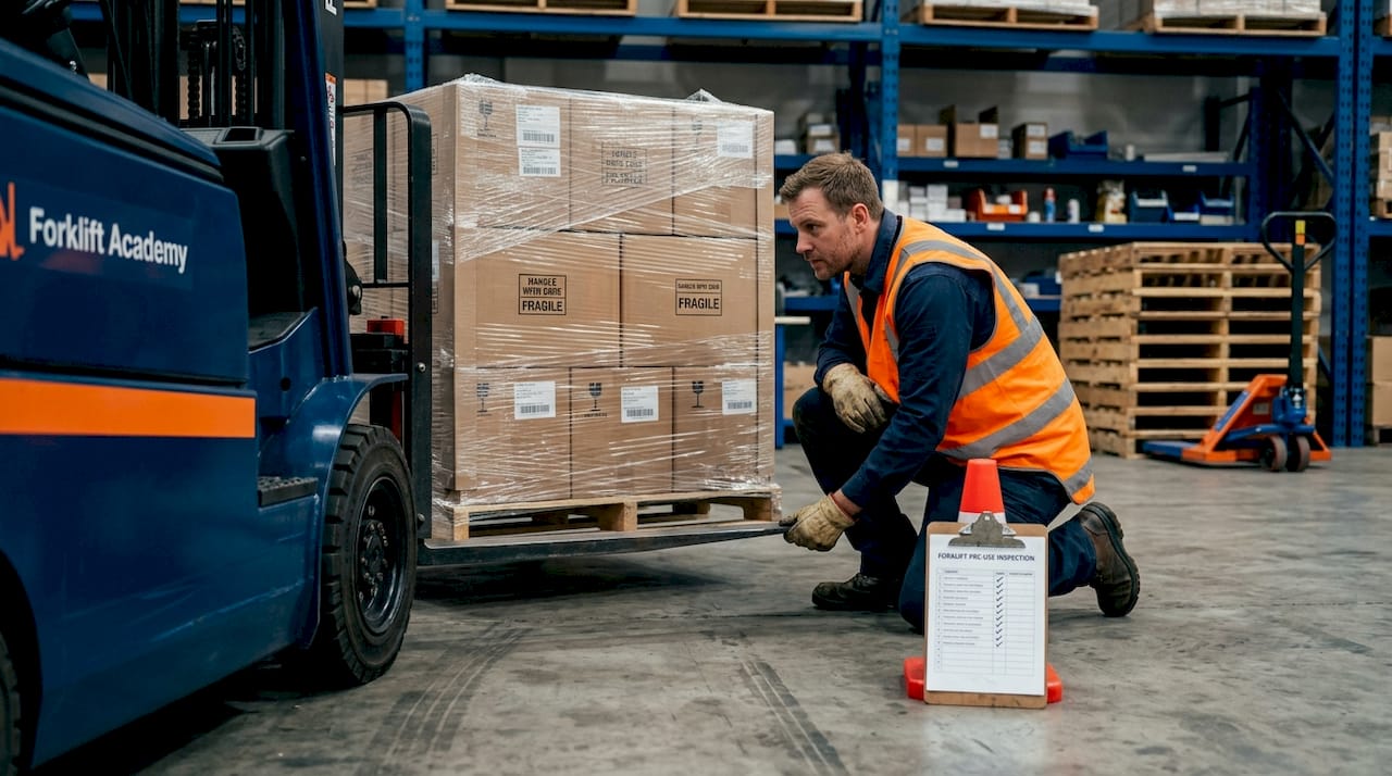 Worker inspects proper forklift fork placement