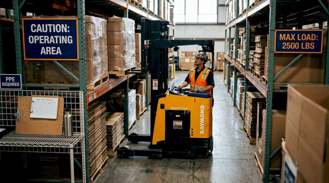 Reach truck operator picking pallet in narrow aisle