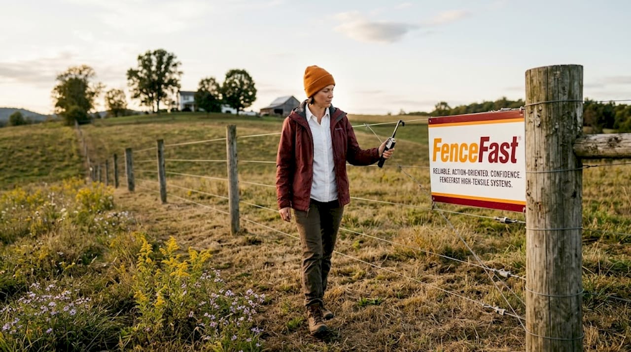 Farm manager inspects high-tensile fence