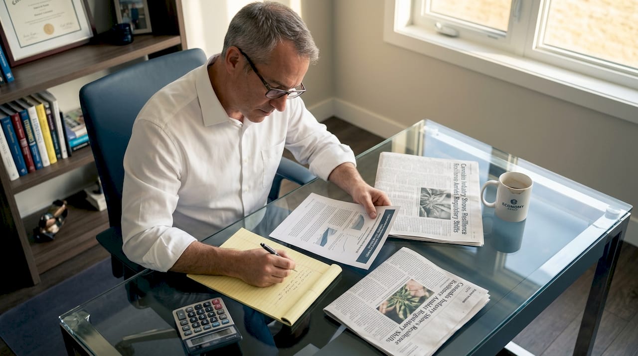 Man analyzing cannabis market reports at cluttered table