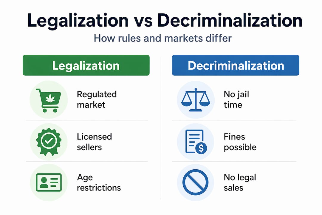 Infographic comparing legalization versus decriminalization