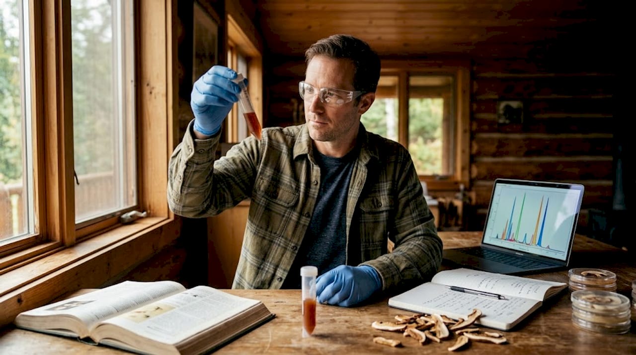 Scientist analyzing functional mushroom compounds in laboratory