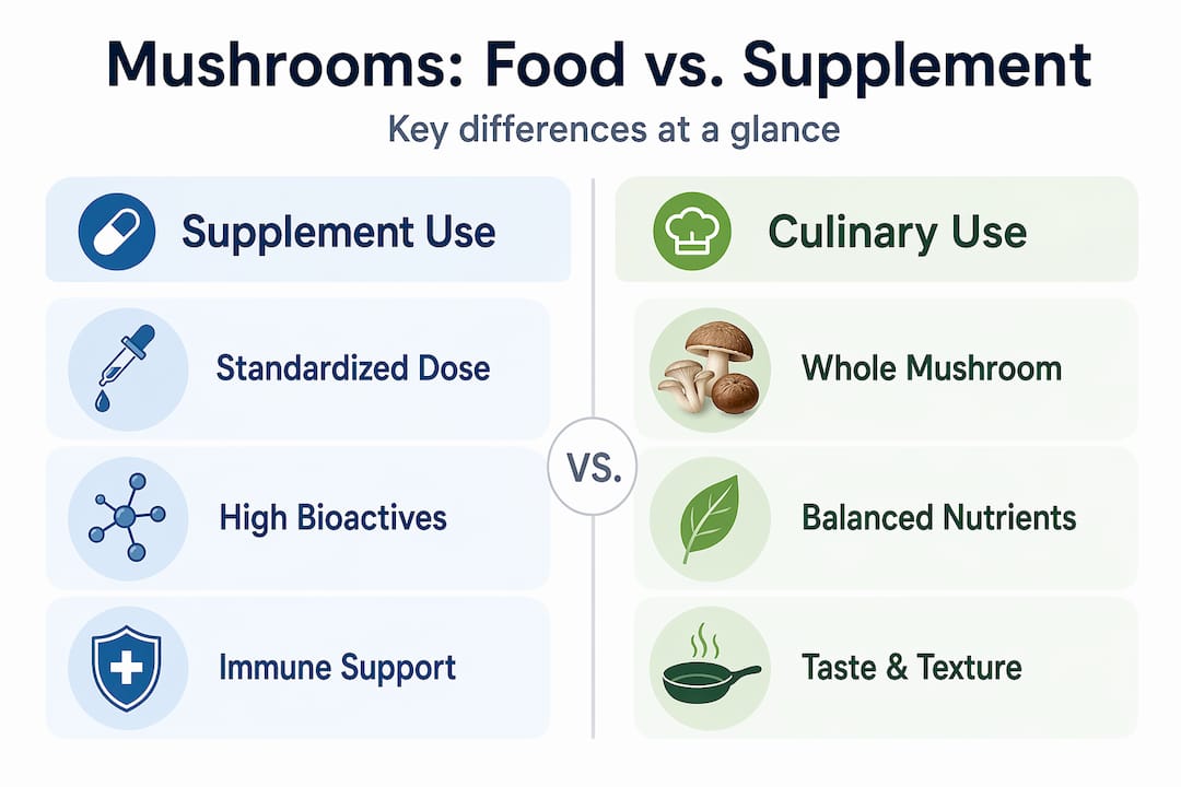 Infographic comparing supplement and culinary mushrooms