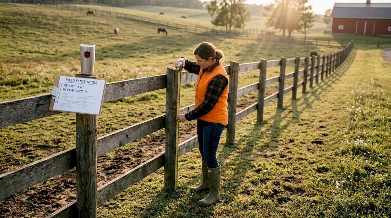 Owner measuring height of steel board fence