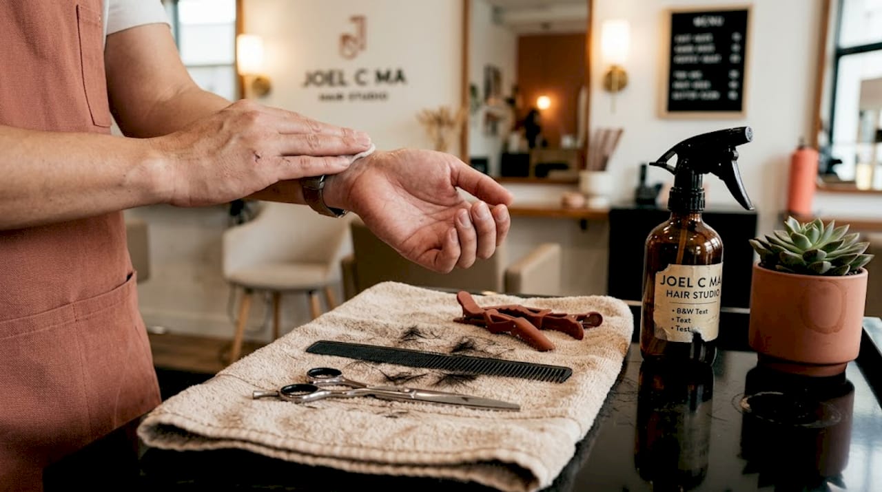 Professional hair cutting tools on towel
