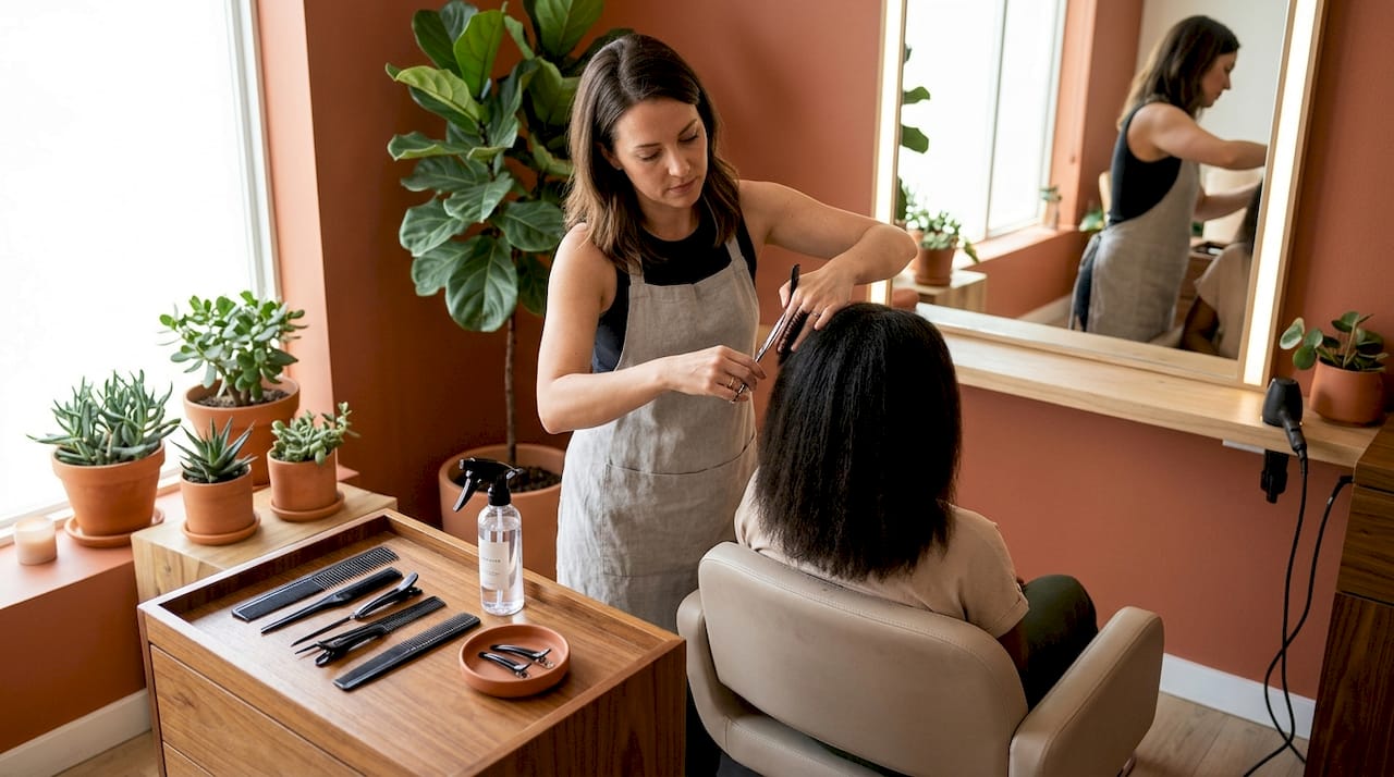 Hairstylist cutting client’s hair in sunlit studio