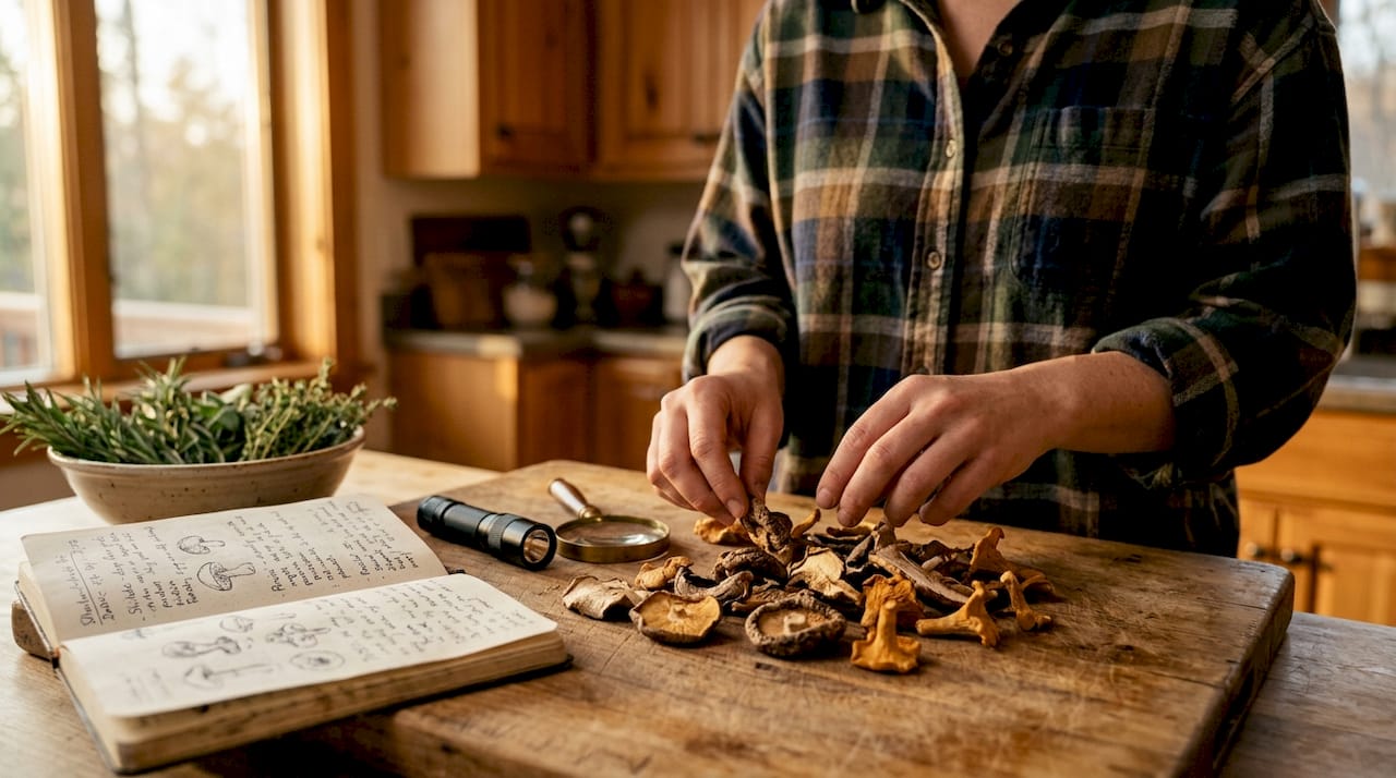Hands inspecting dried mushrooms on kitchen counter
