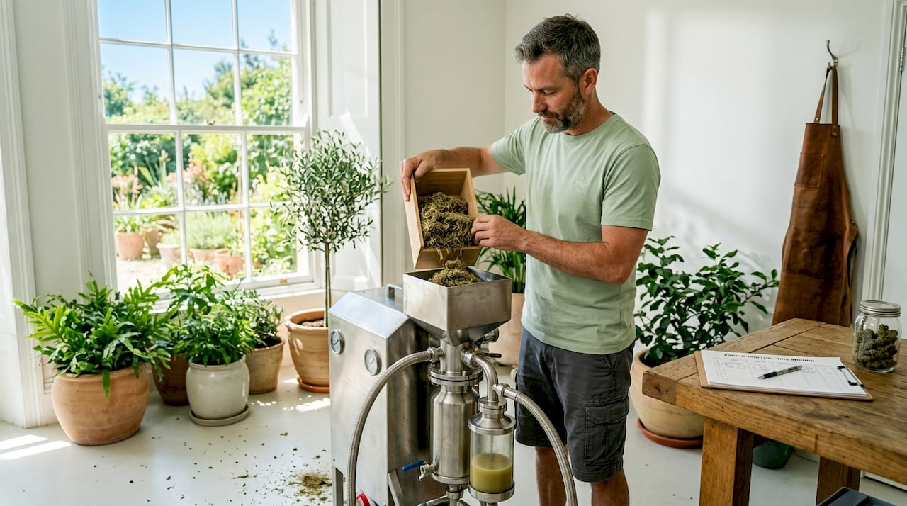Technician loading hemp into extractor for CBD processing