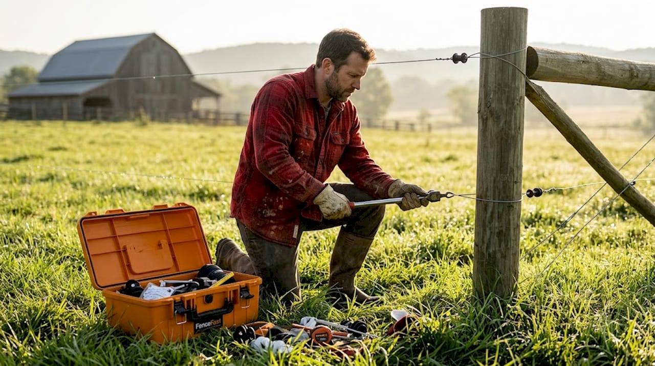 Farm worker installing wire in field