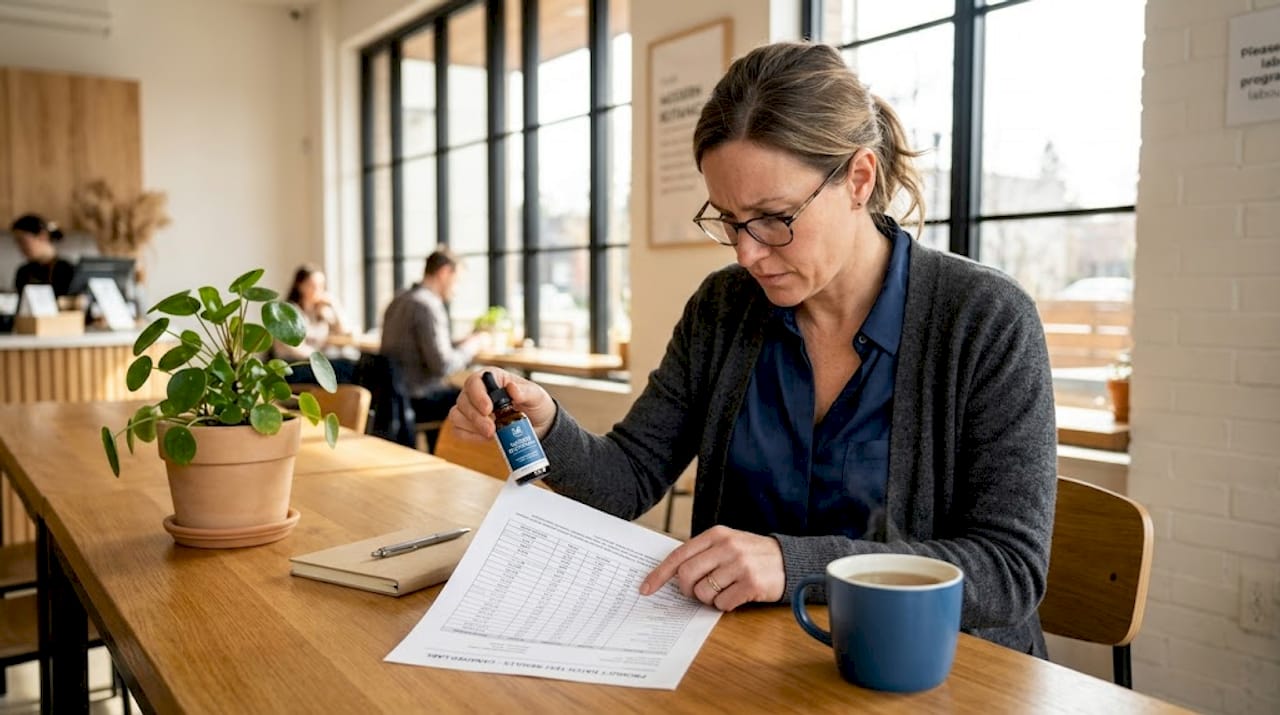 Woman reading CBD bottle and lab report