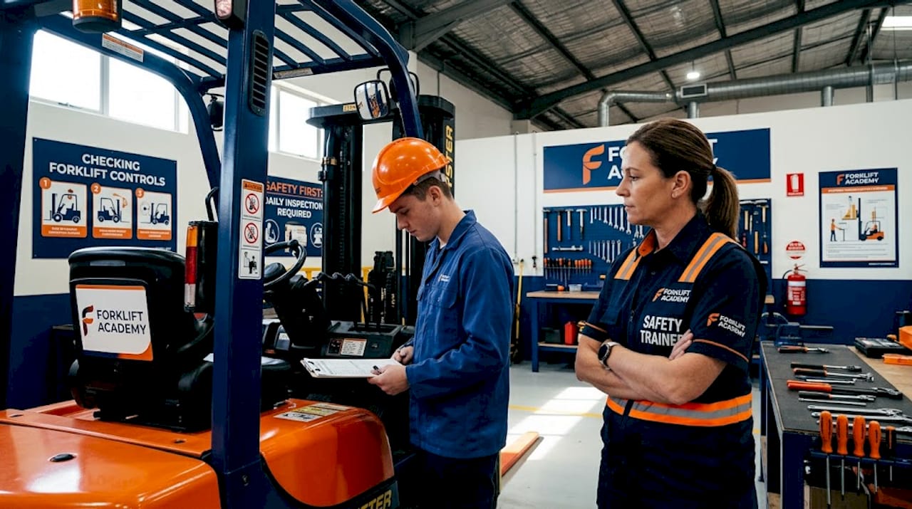 Trainer supervising forklift certification evaluation