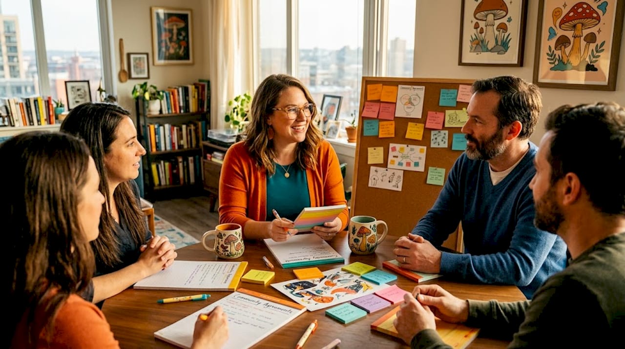 Facilitator at kitchen table guiding community group