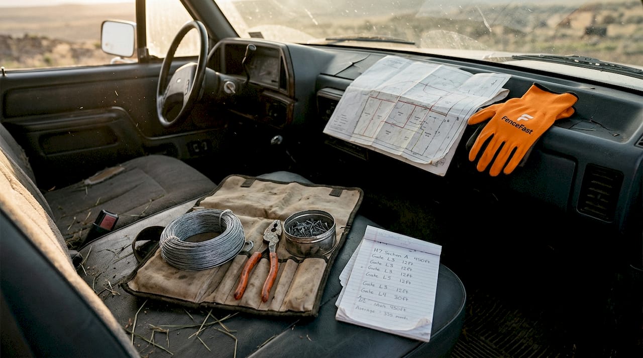 Fence repair kit on ranch truck seat