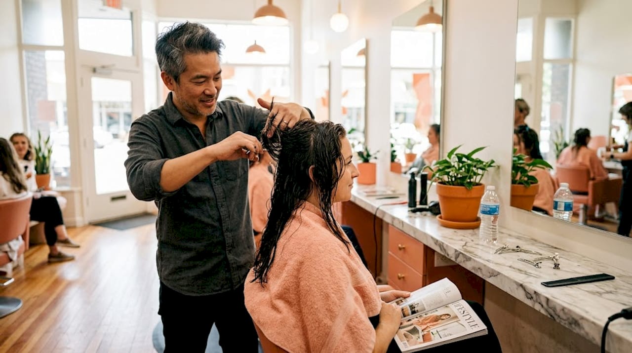Stylist cutting thick hair in modern salon