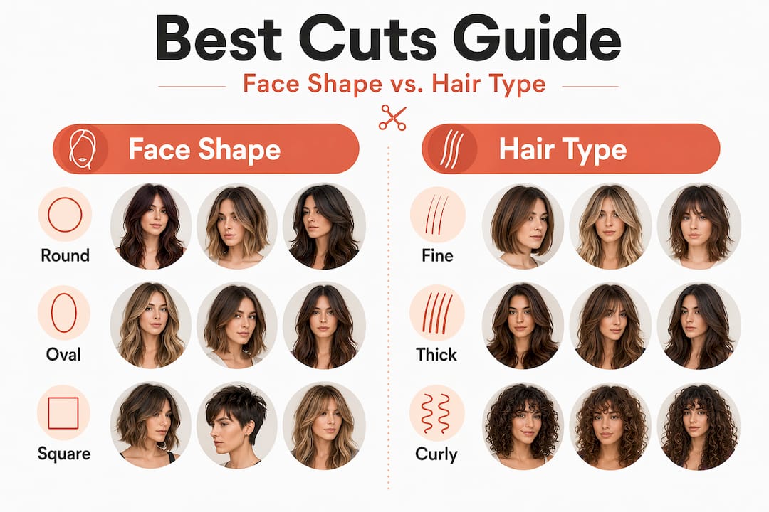 Infographic splitting cuts by face and hair type