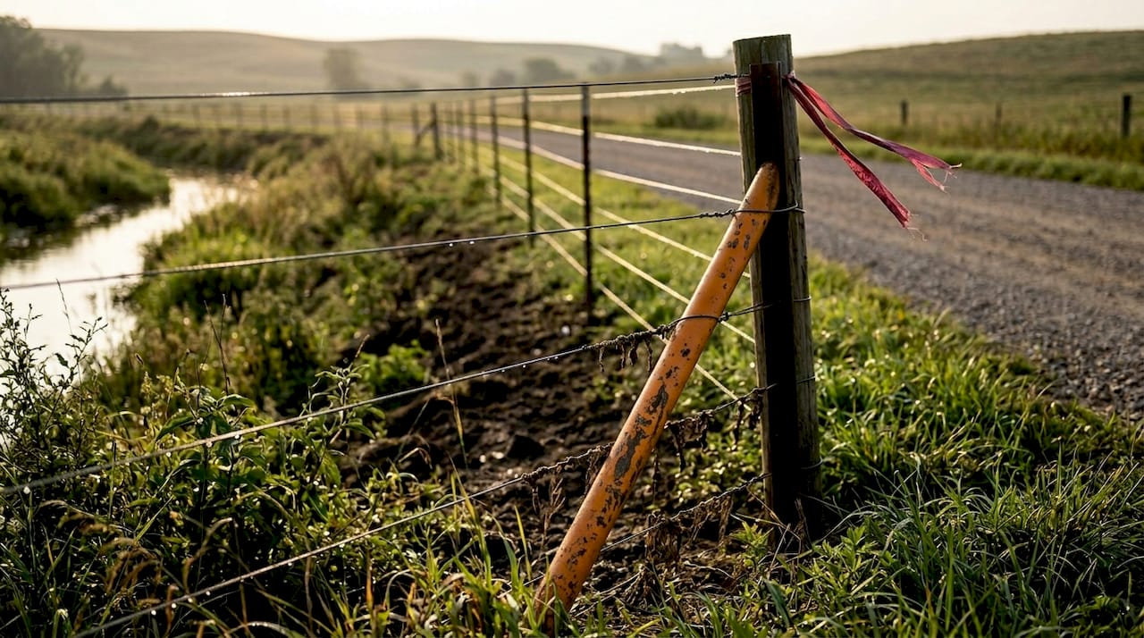 Detail of high-tensile plain wire fence roadside