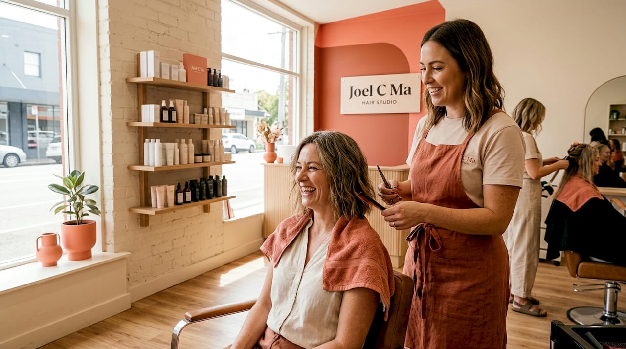 Salon storefront with activity on city street