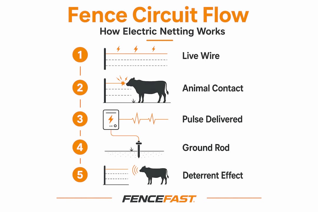 Infographic showing electric netting fence circuit flow
