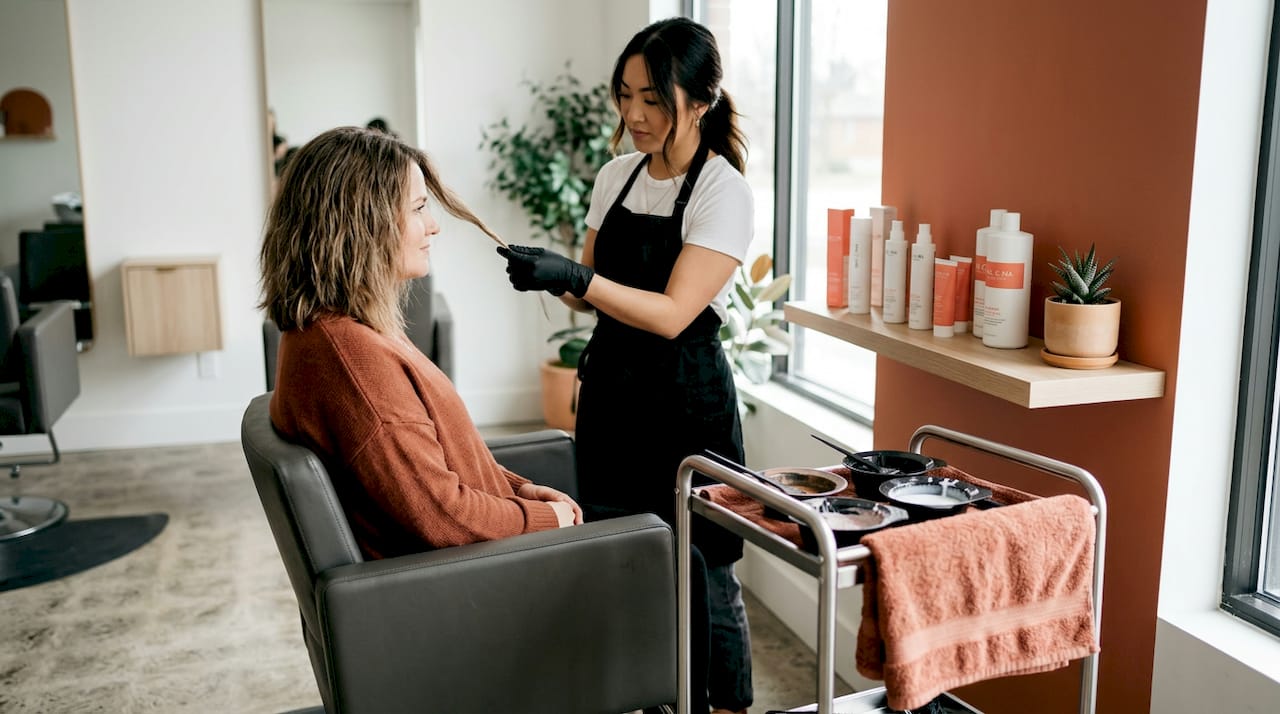Stylist assessing client's hair at appointment