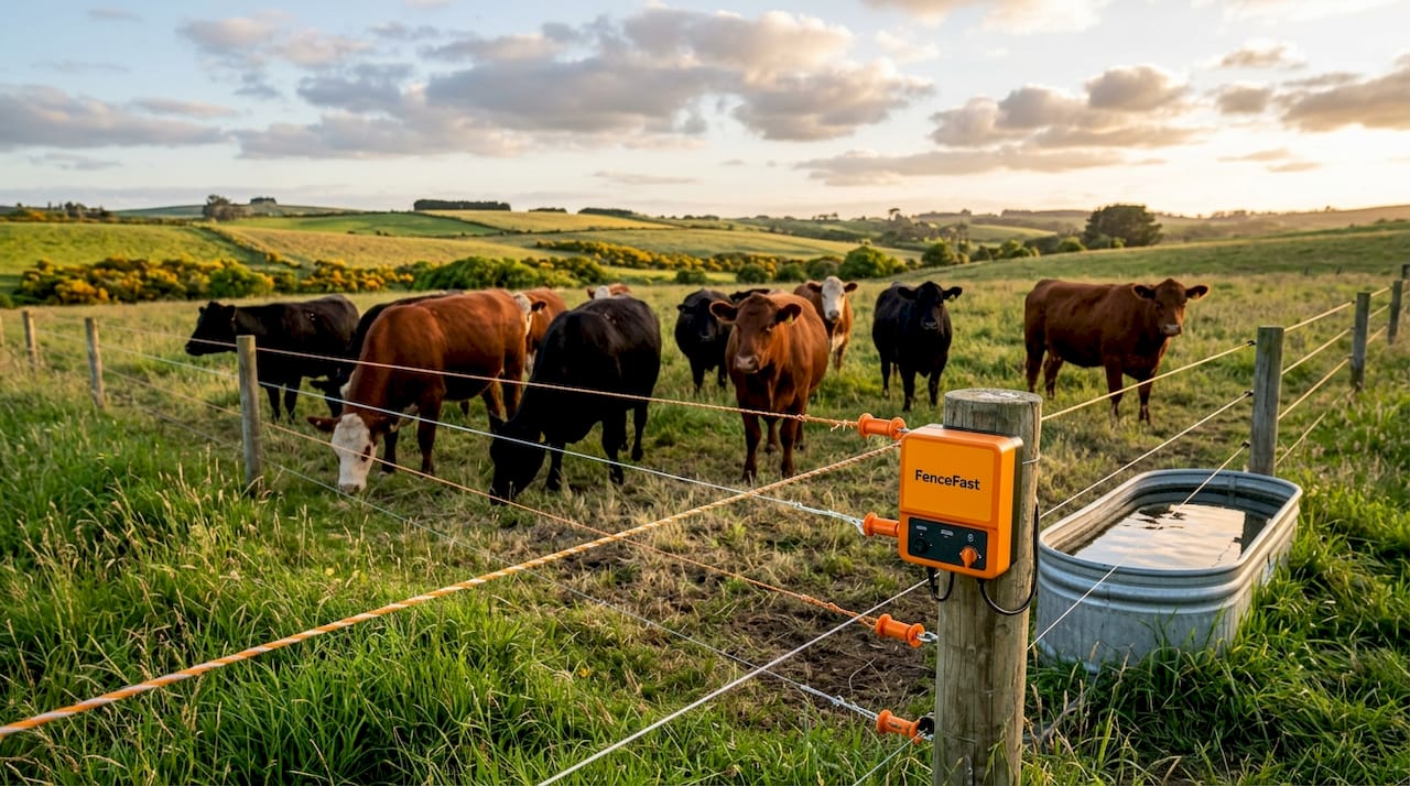 Cattle grazing in rotational paddock with fencing