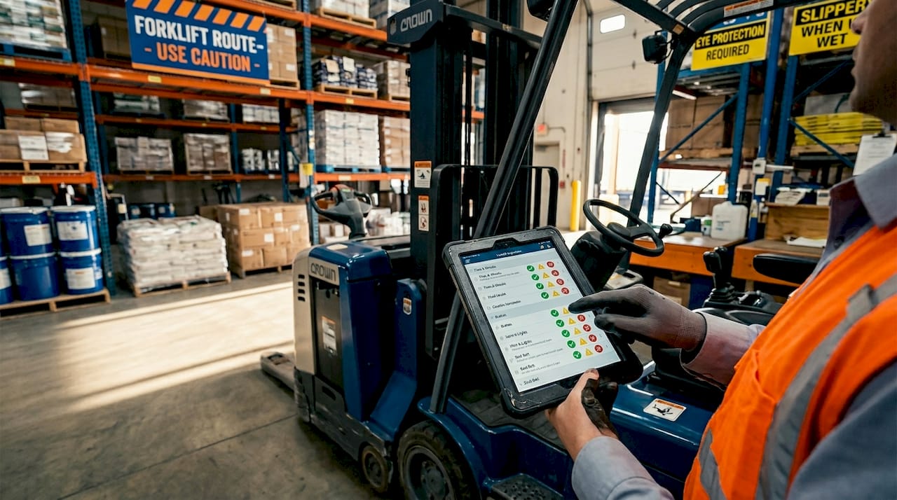 Warehouse supervisor using tablet for forklift inspection