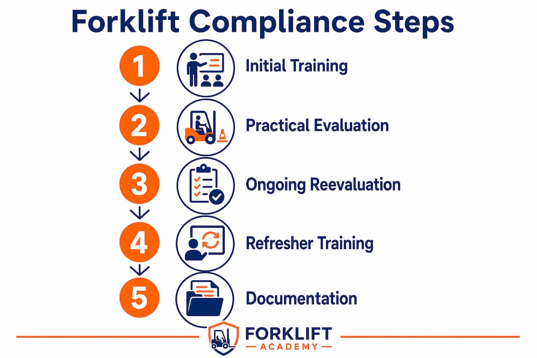 Vertical flow infographic of forklift compliance steps