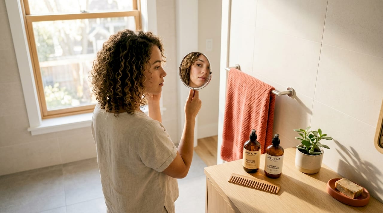 Woman examining her curly hair texture in mirror