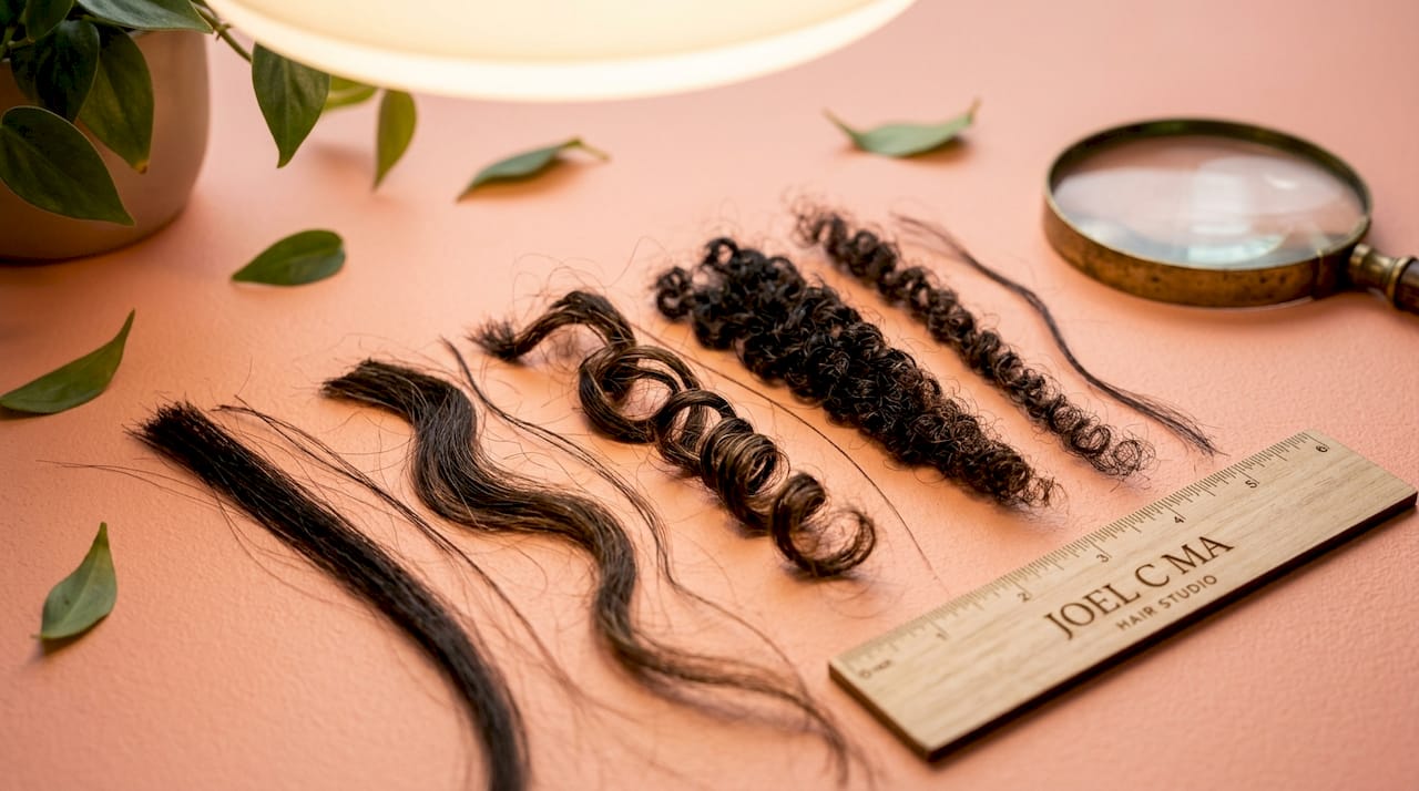 Close up of varied hair strand textures and curl patterns