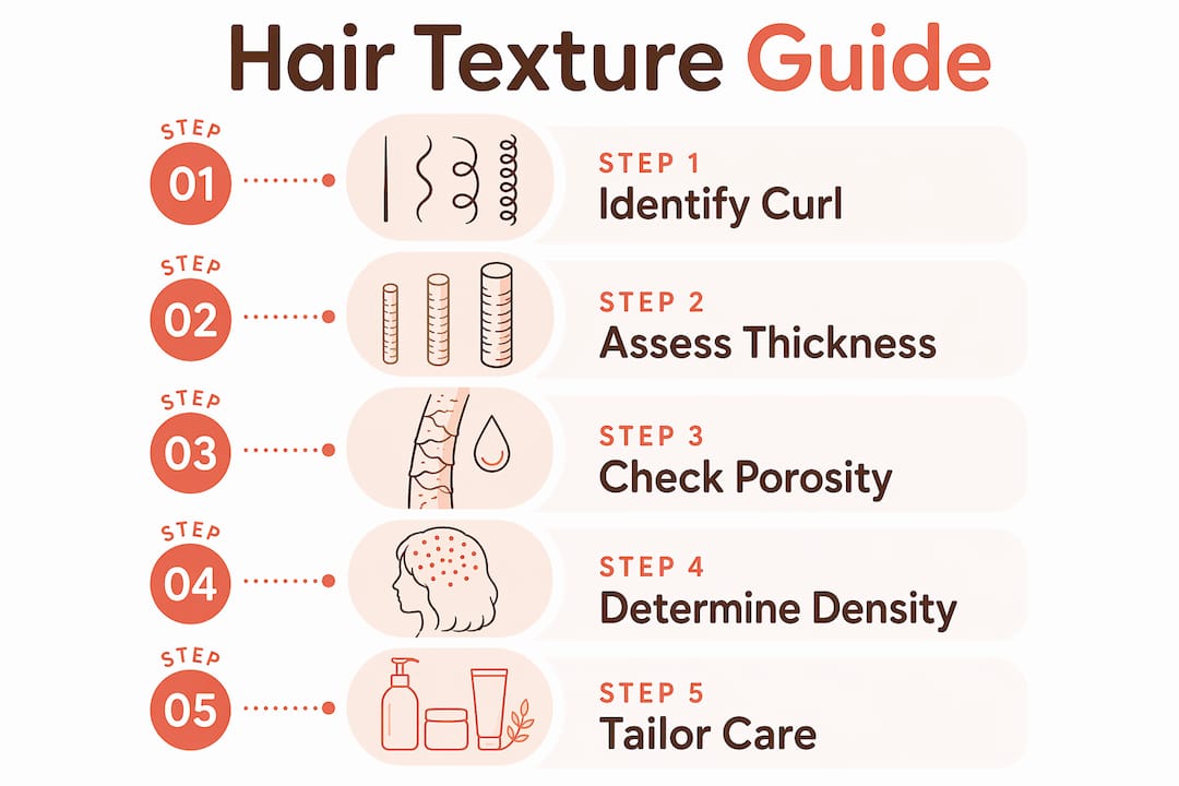 Vertical infographic detailing steps to identify hair texture