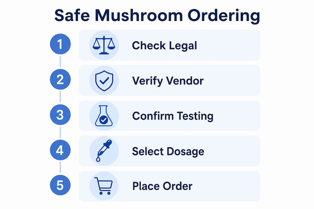 Infographic showing steps for safe mushroom ordering