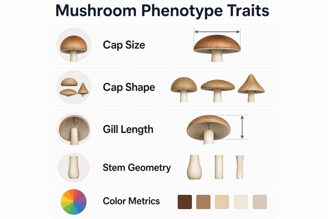 Infographic showing key mushroom phenotype traits