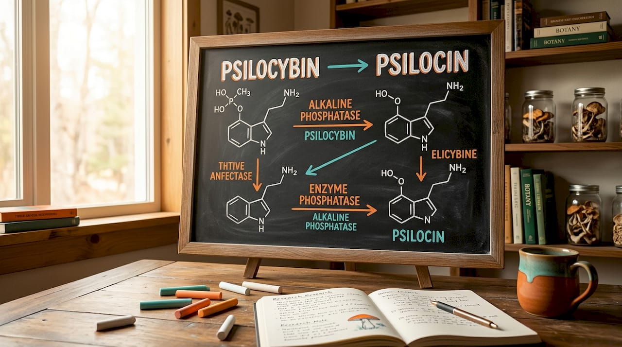 Whiteboard diagram of psilocybin to psilocin conversion