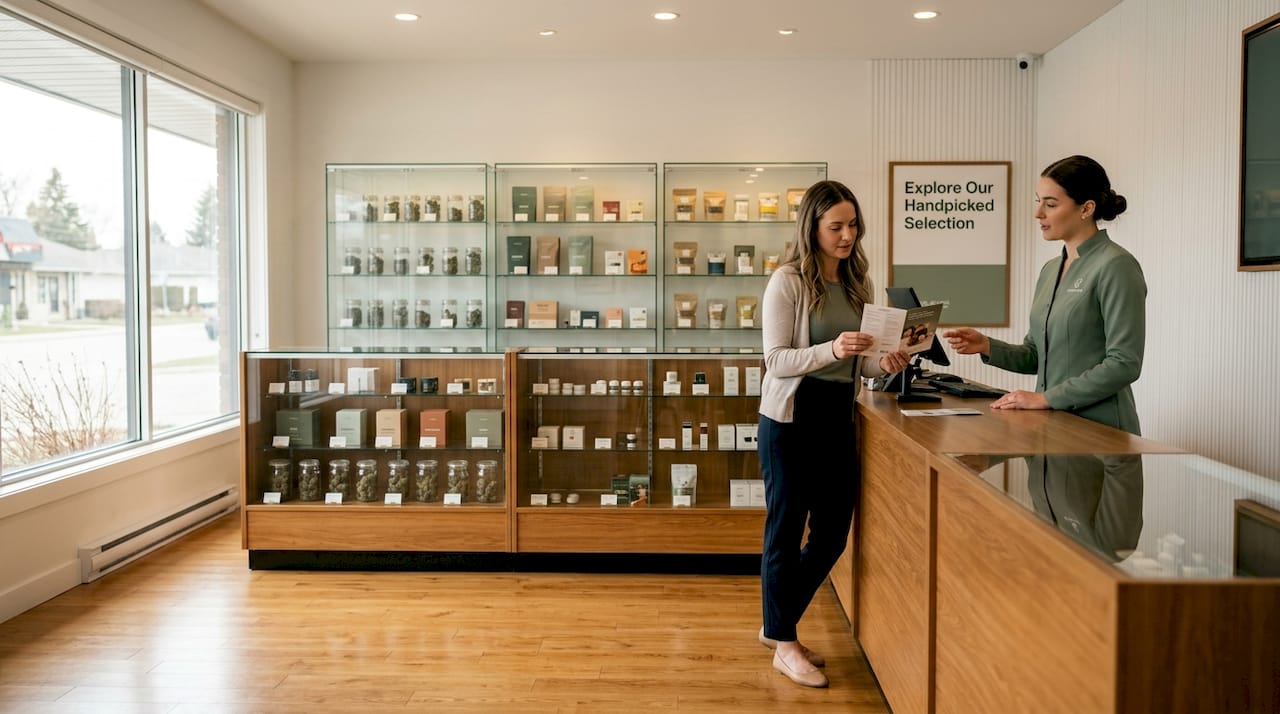 Modern cannabis dispensary interior with staff and products