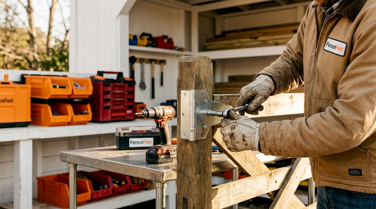 Hands installing galvanized farm gate hinge hardware