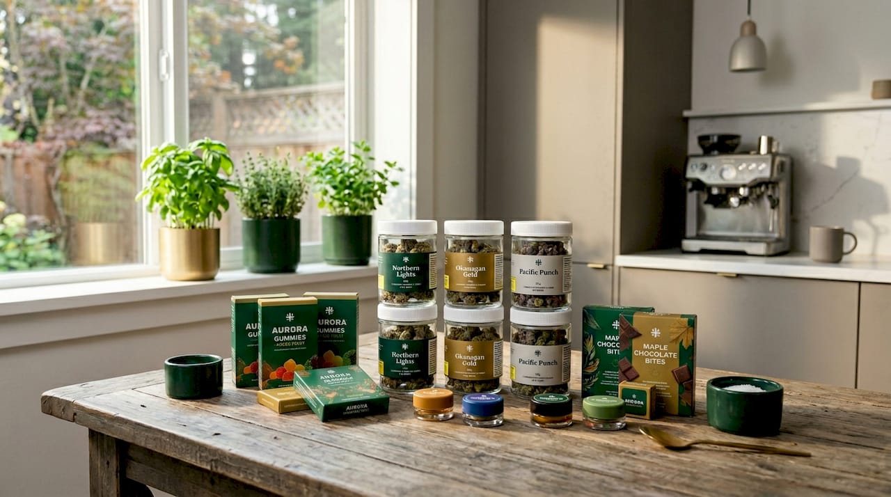 Diverse cannabis products on home office counter
