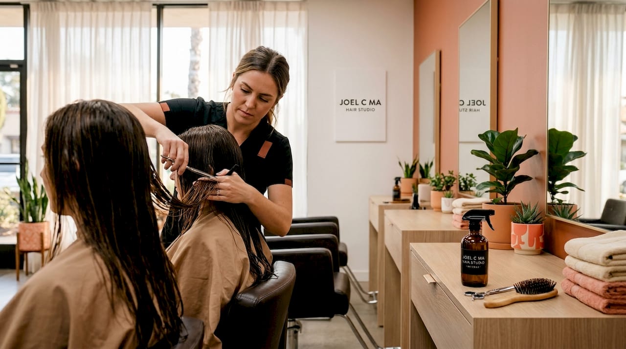 Stylist cutting hair in bright La Jolla salon