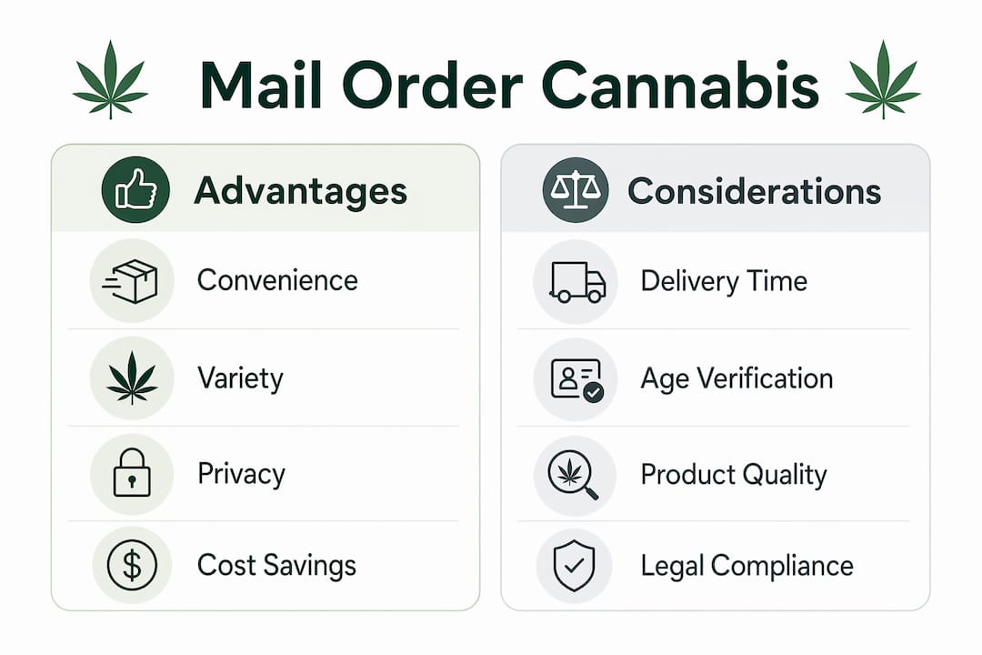 Infographic showing advantages and considerations of mail order cannabis