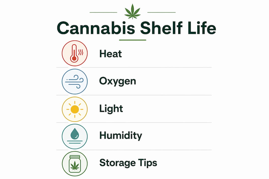 Infographic showing environmental factors and tips for cannabis shelf life