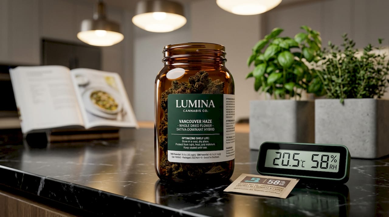 Sealed cannabis jar with humidity and temperature controls